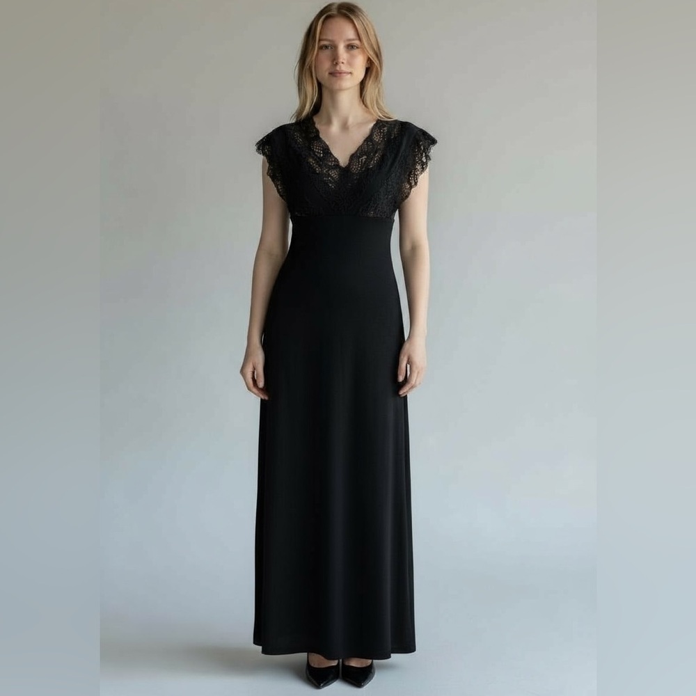 Zara Elegant Black Lace Trim Long Size Small Dress